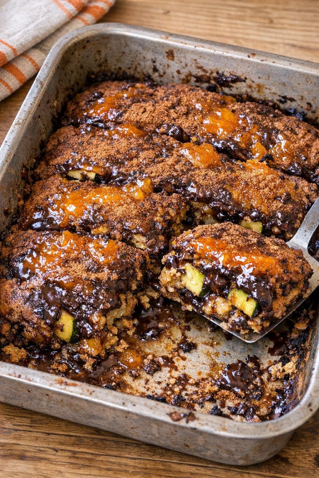 Finished baked zucchini dessert in a roasting pan