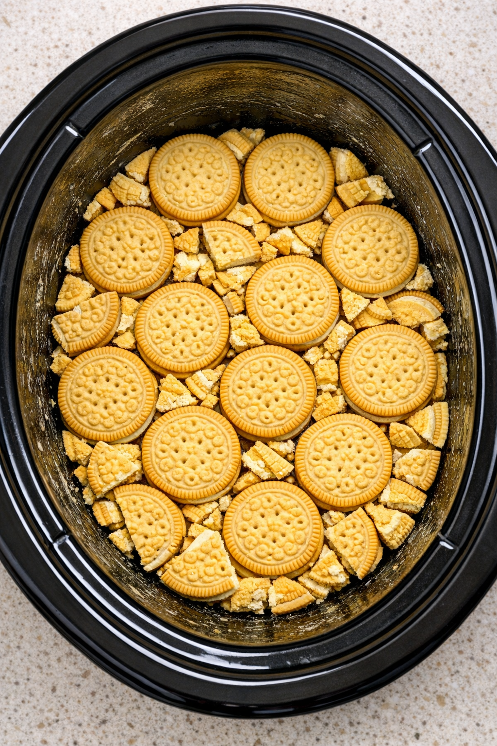 Lemon sandwich cookies layered in slow cooker