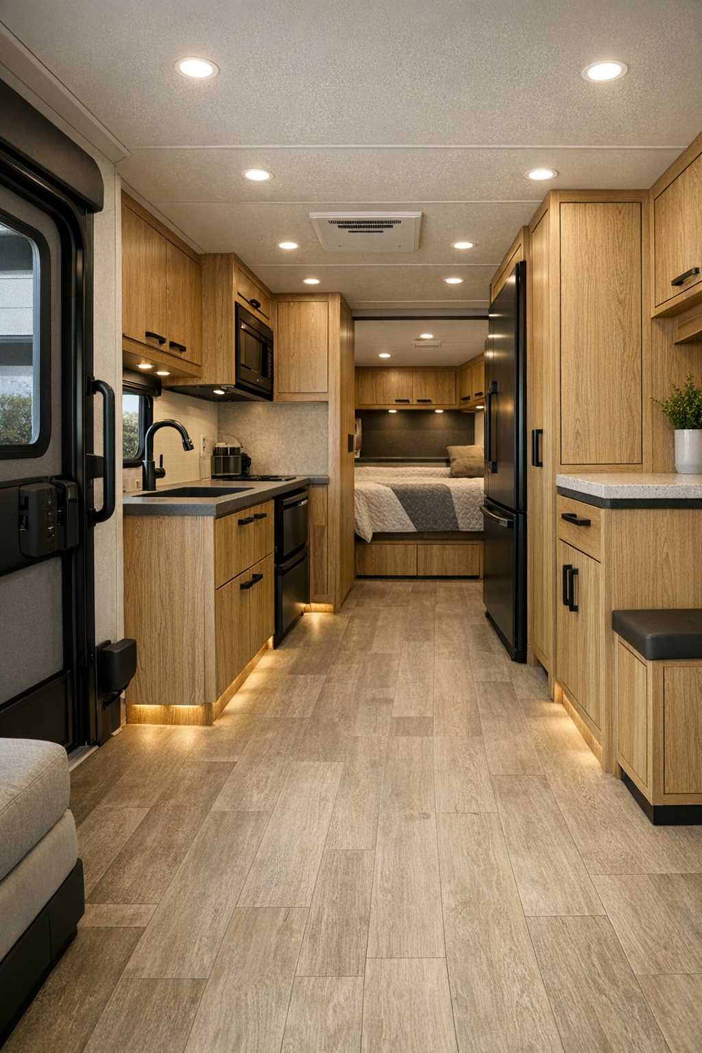 RV camper entry and circulation area with integrated storage and warm lighting