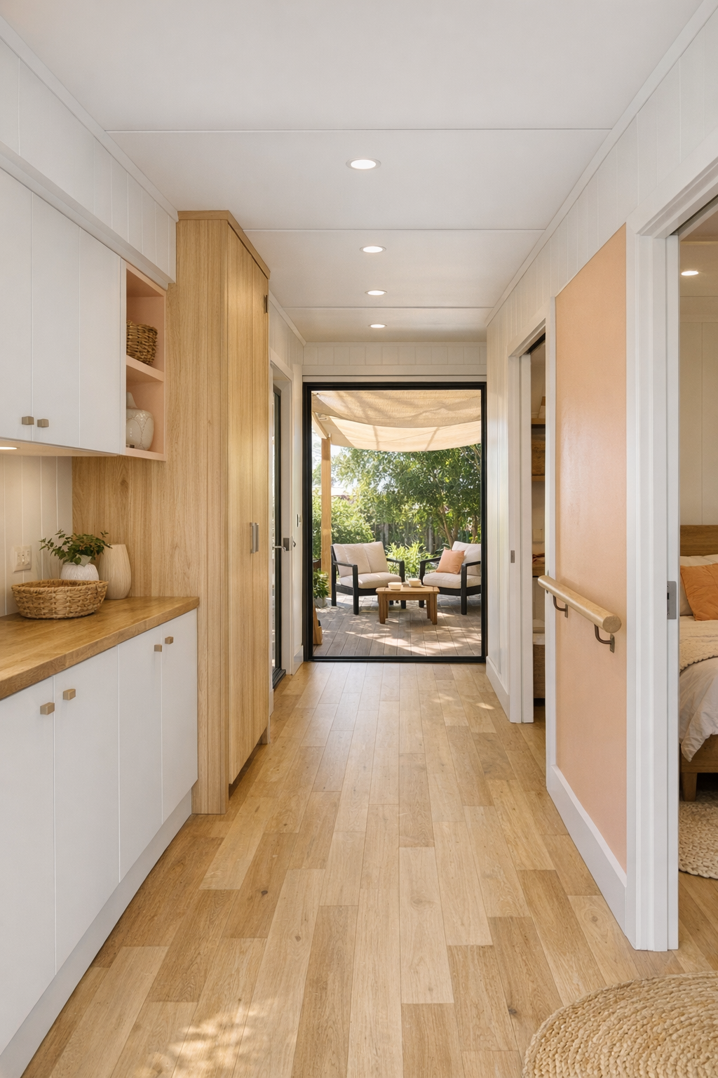 Wide hallway and shaded patio area with built-in storage and natural wood details