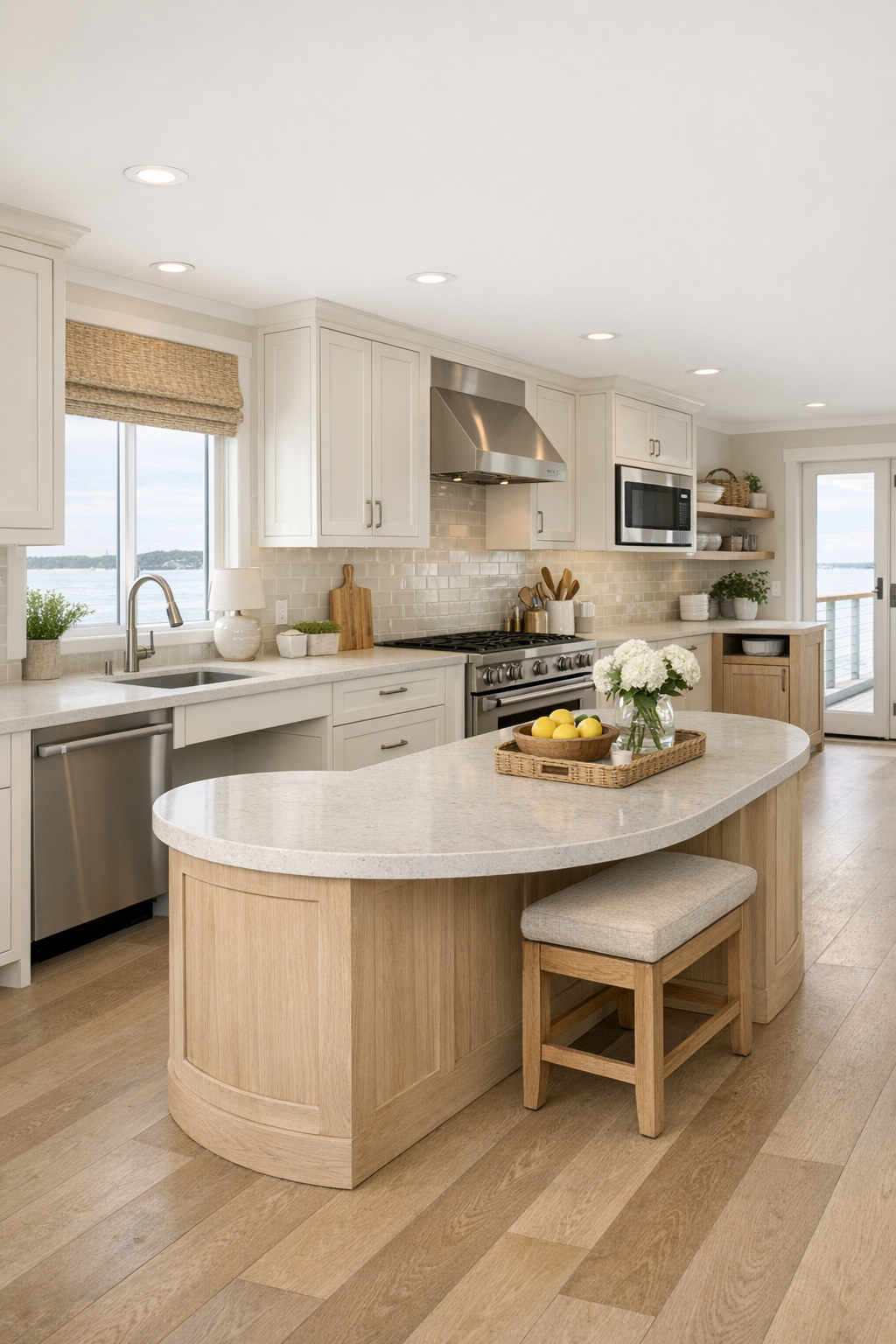 Accessible coastal kitchen with creamy cabinetry, pale oak details, and wide open layout