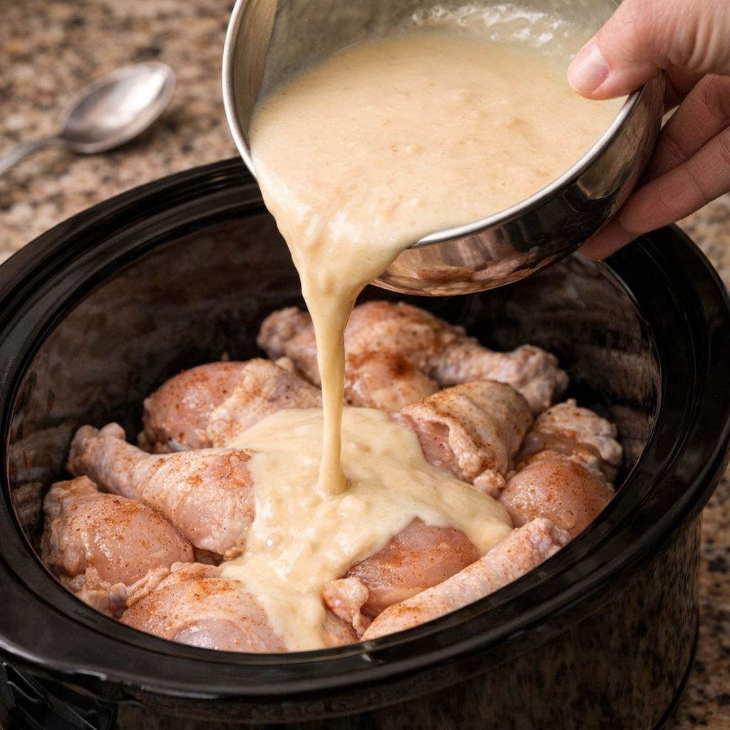 Creamy soup mixture being poured over chicken in the slow cooker