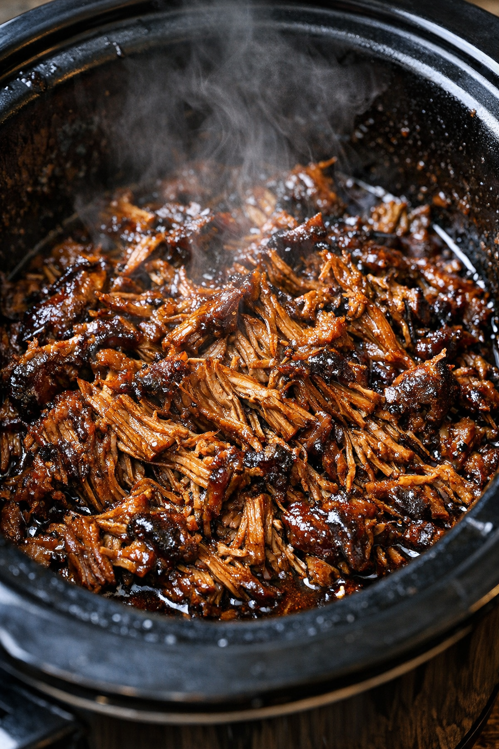 Slow cooker glazed pulled protein with steam rising