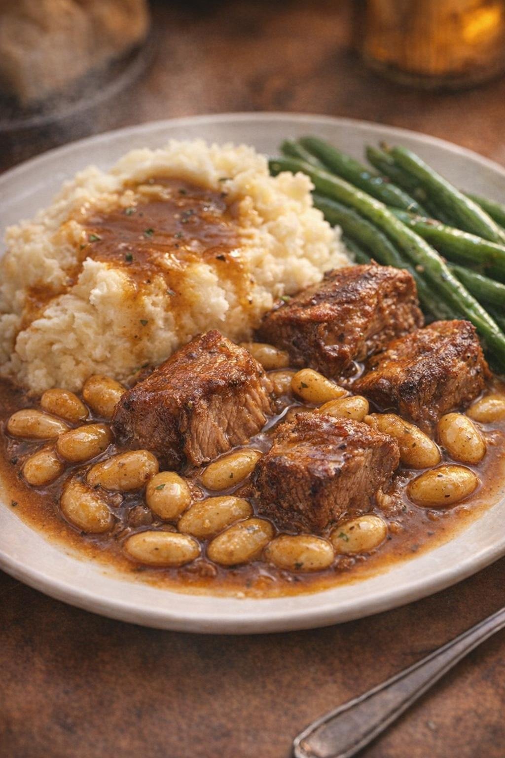 Plated pork and butter beans with mashed potatoes