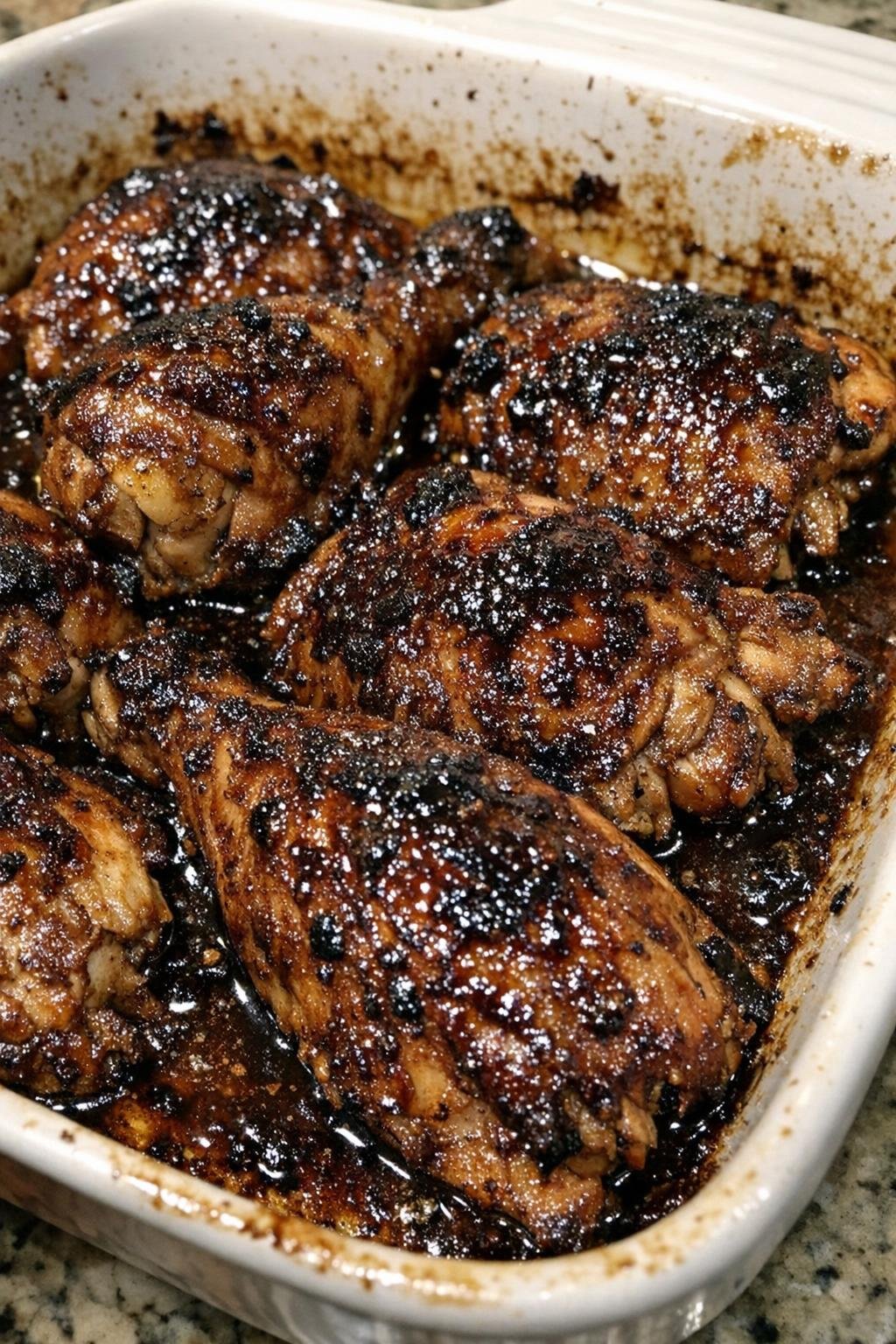 Roasted glazed protein in a ceramic baking dish