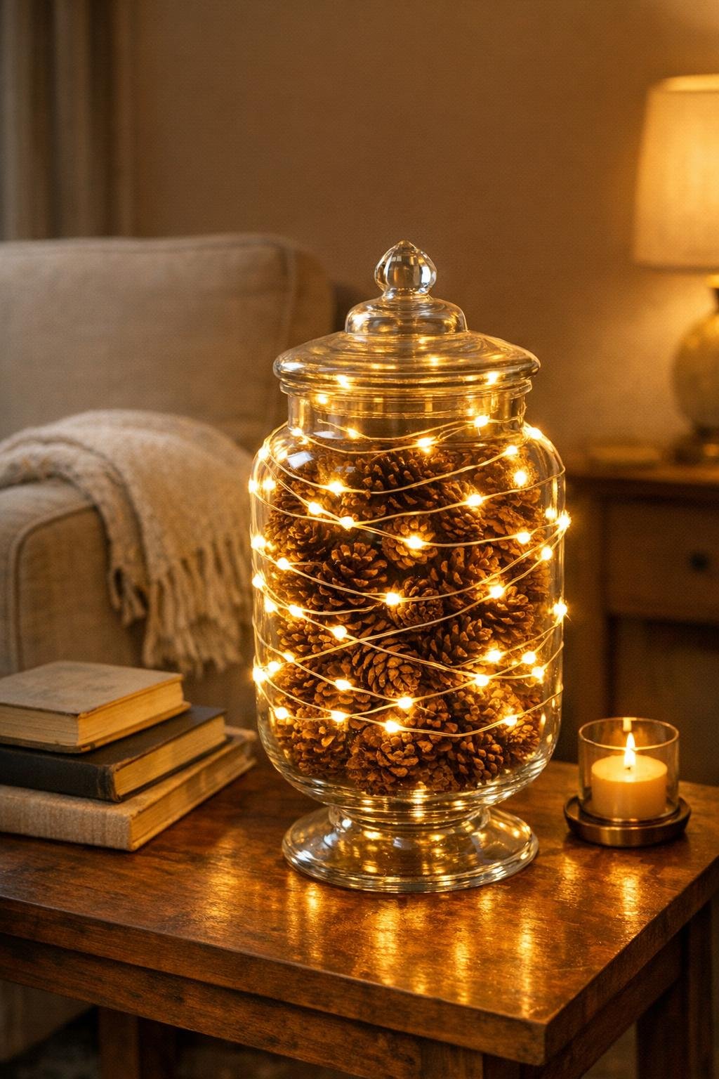 Completed pinecone apothecary jar reading light glowing in a cozy living room