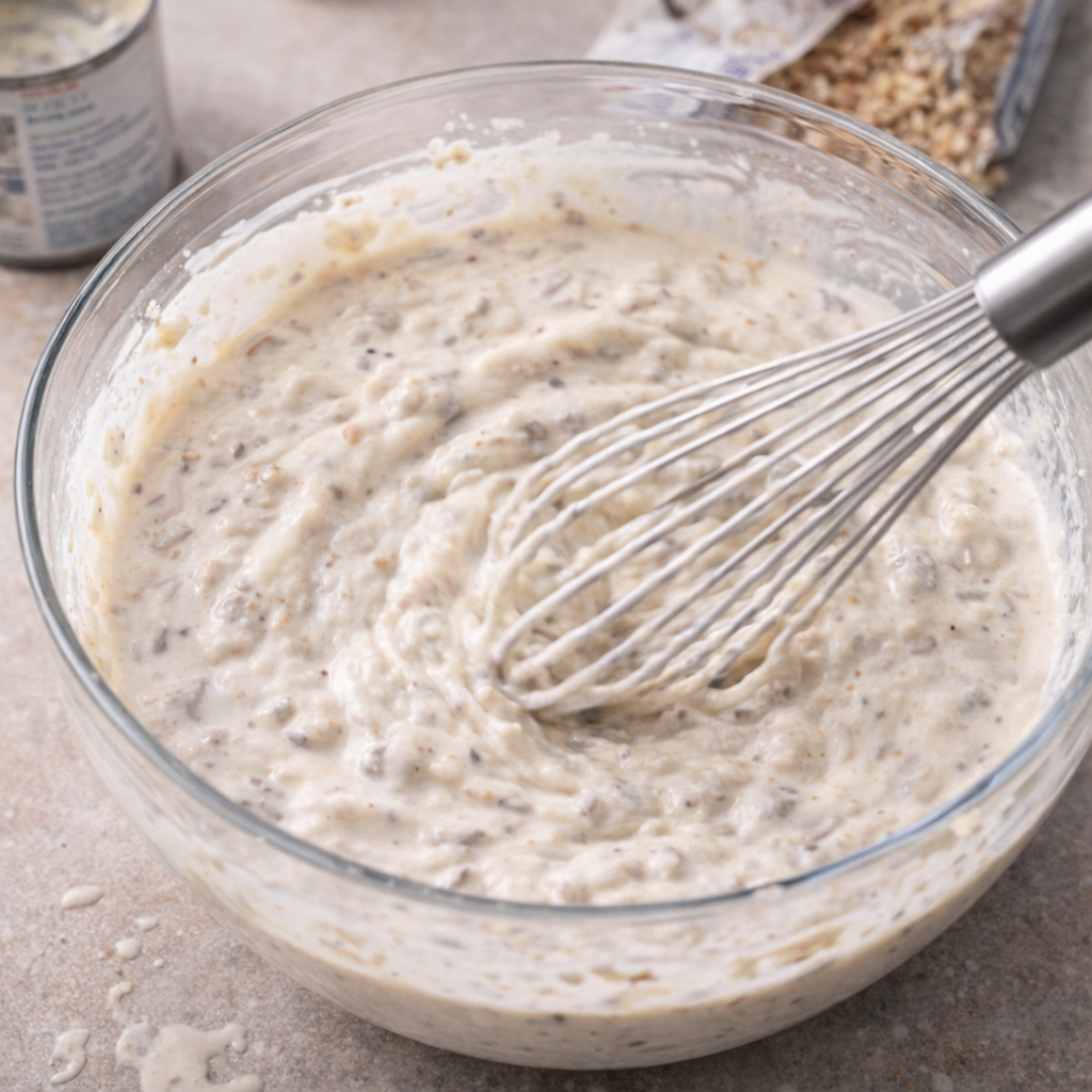 Creamy mushroom sauce being whisked in a mixing bowl