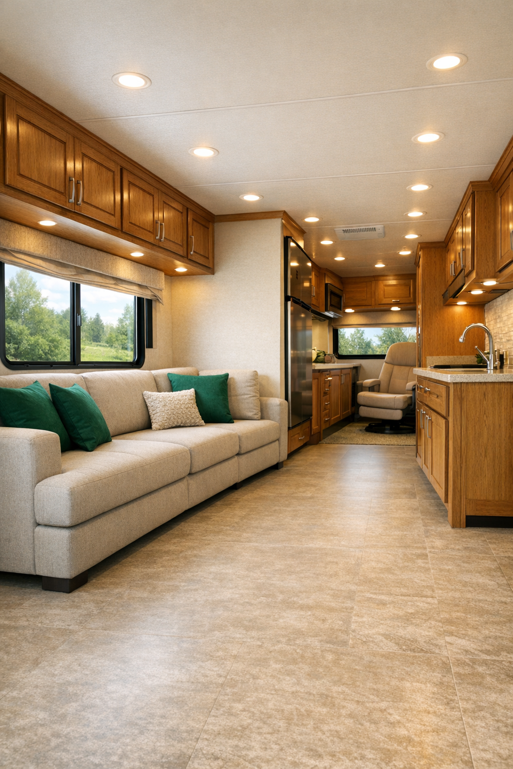 Accessible RV living room with emerald accents, oak cabinetry, and a low-profile sofa