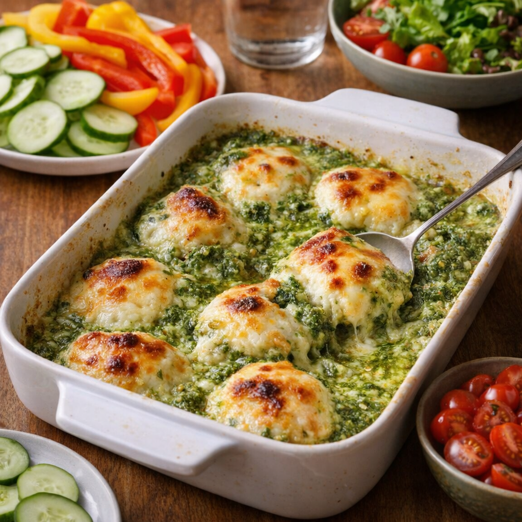 Family-style serving of pesto cheese bake with vegetables on the side