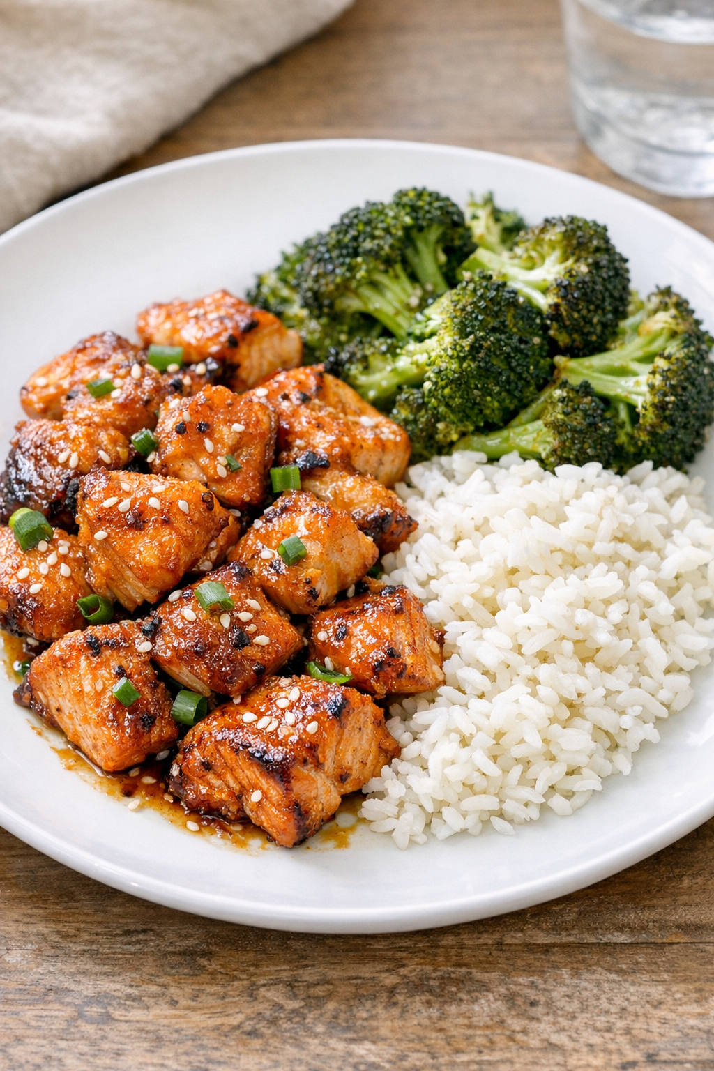 Finished oven baked salmon bites on a plate