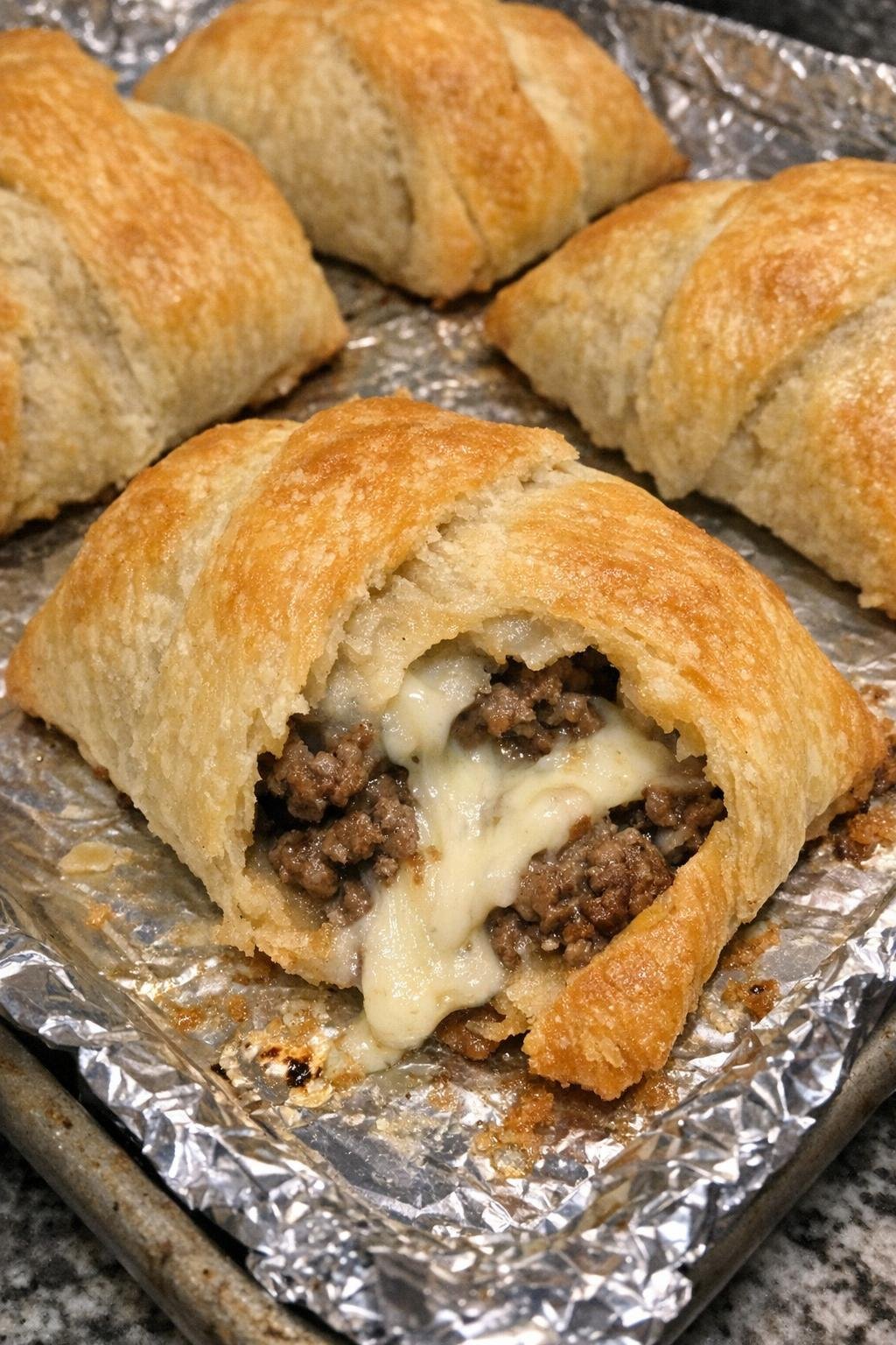 Golden beef crescent pouches fresh from the oven