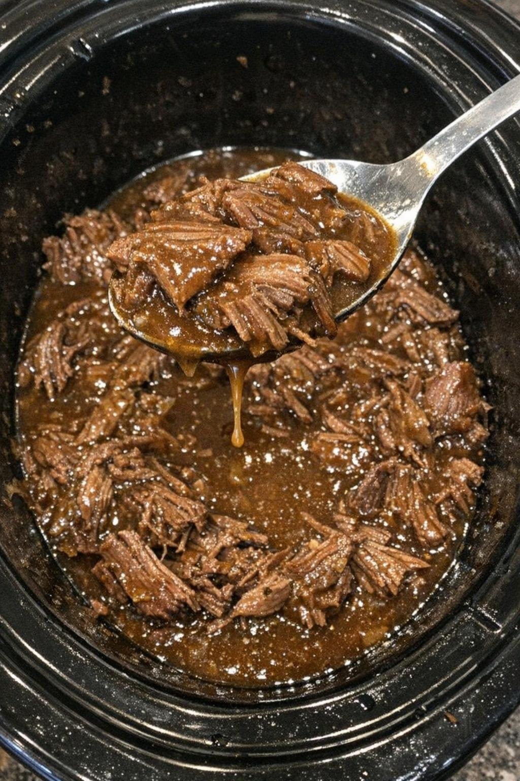 Tender chuck roast with brown gravy in a slow cooker