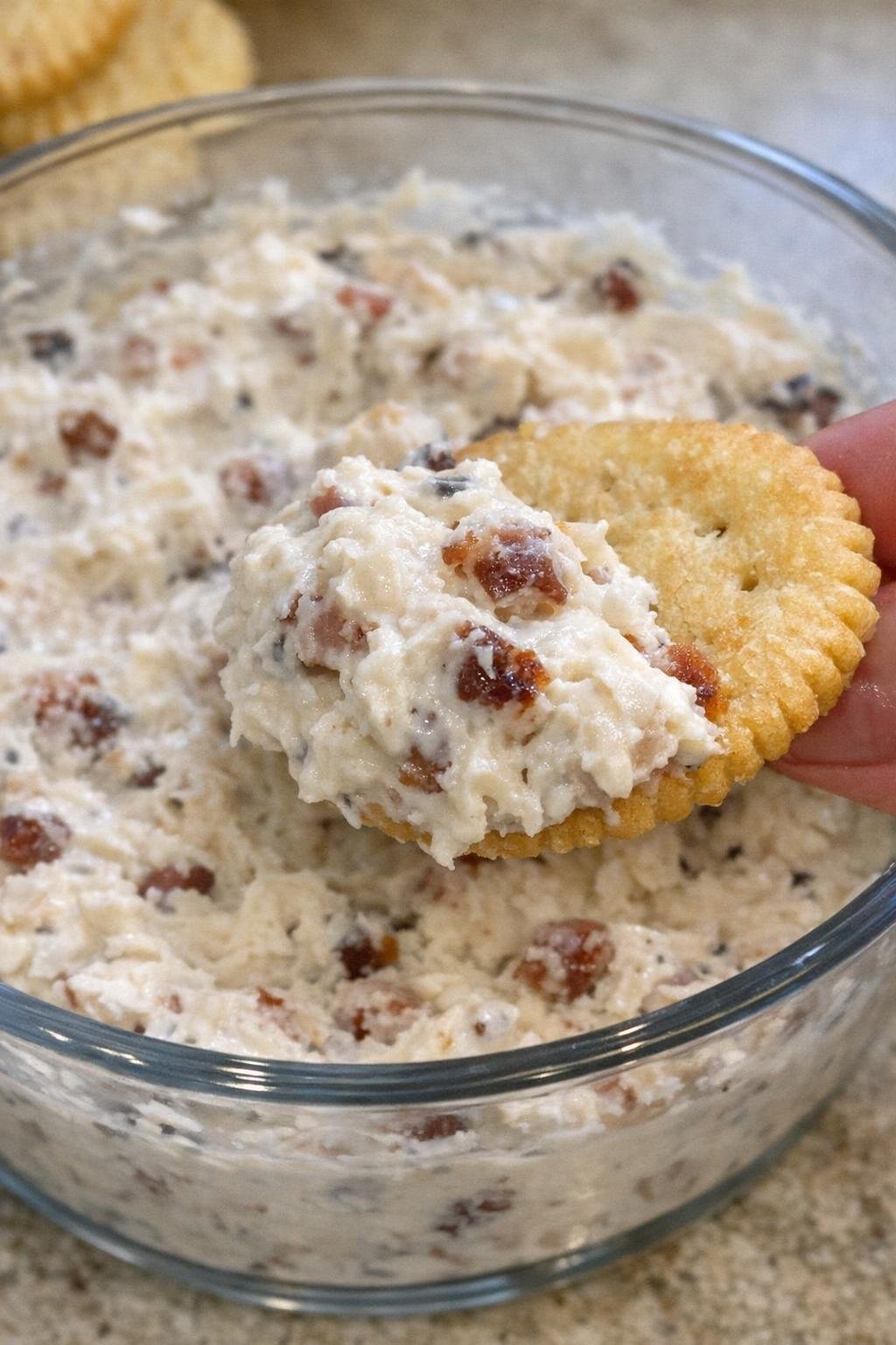 3-ingredient bacon clifton dip in a glass bowl with a cracker scooping it