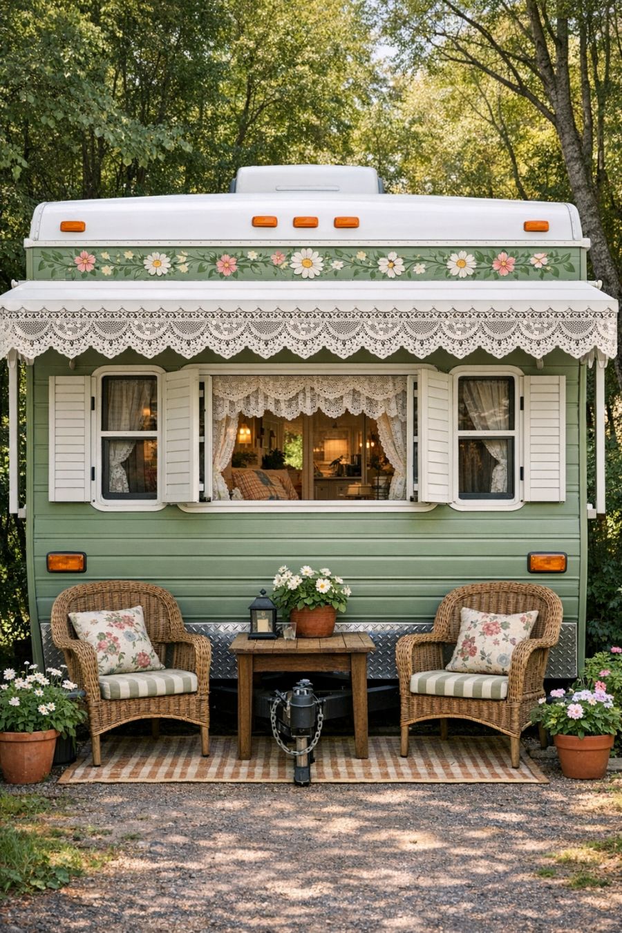 Have a look inside this floral cottage RV camper with sage green siding ...
