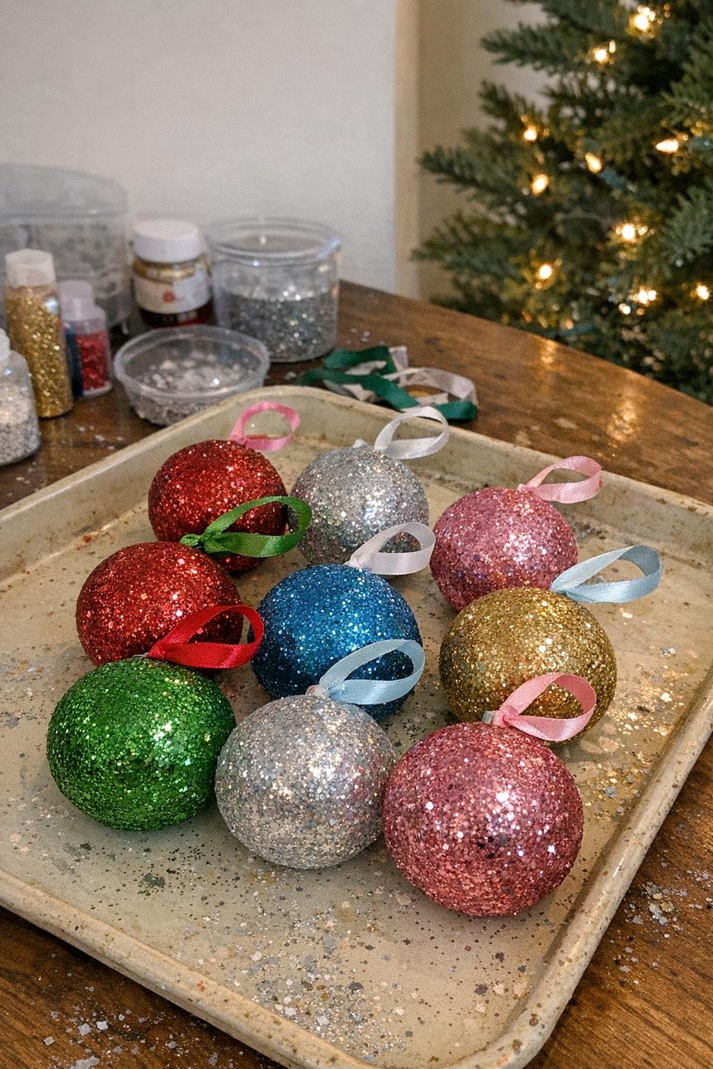 Glitter ball ornaments with ribbon loops