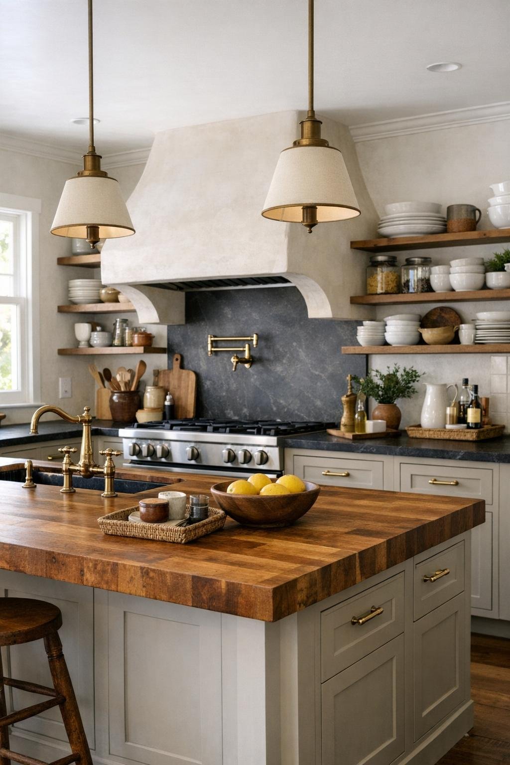 Softly colored farmhouse kitchen with soapstone counters and butcher block island