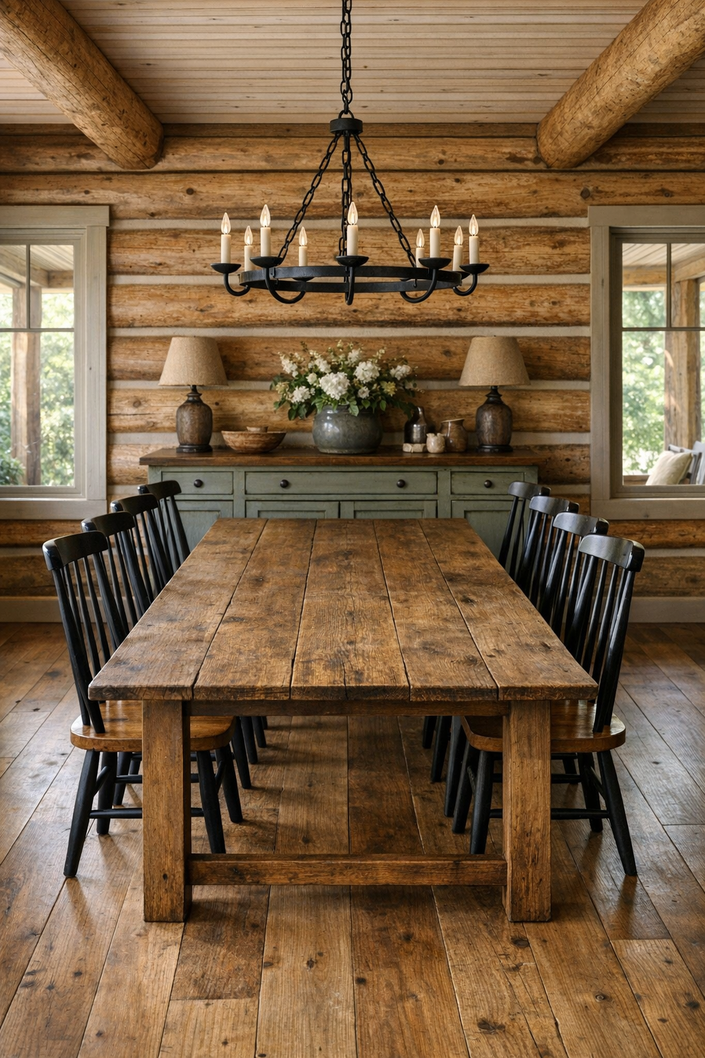 Dining room with a long handcrafted wood table and Amish-inspired chairs