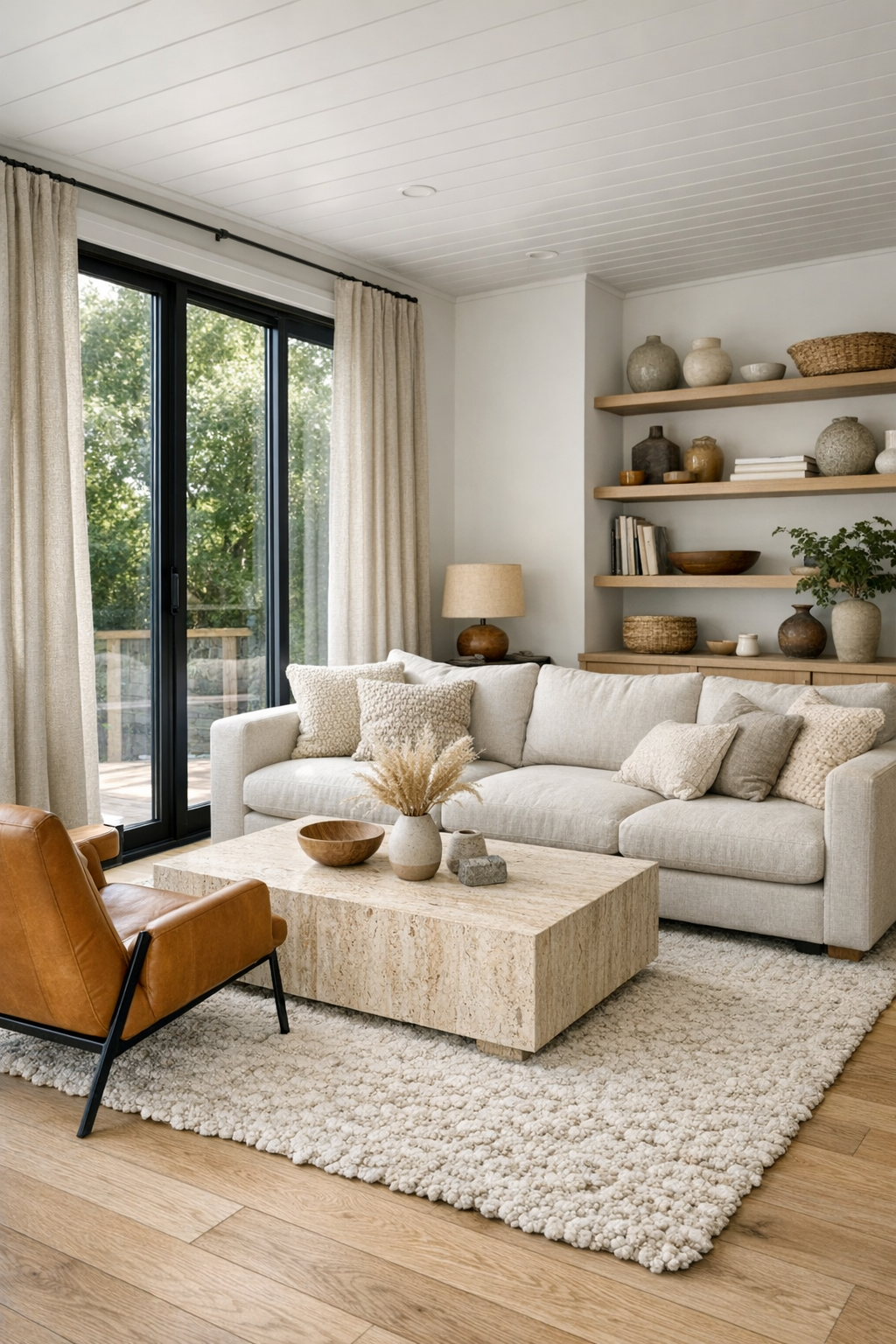 Bright modern living room with pale oak floors, flax linen sofa, caramel leather chairs, and large black-framed windows