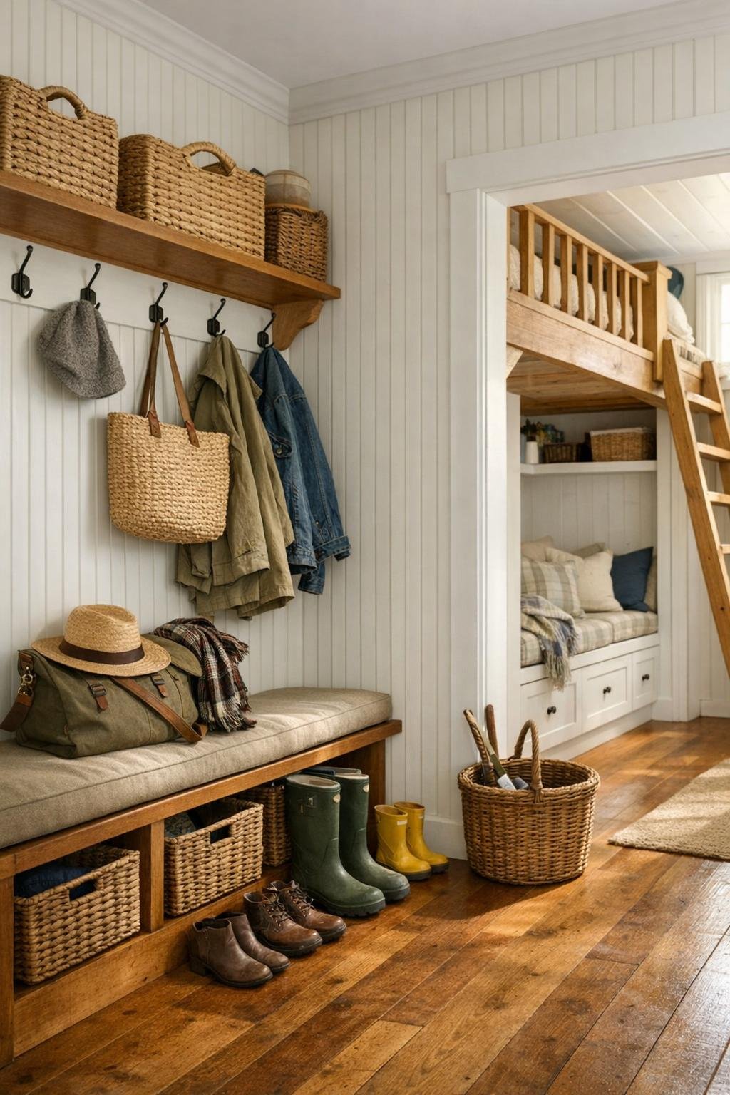 Charming mudroom and loft details with cottage storage in the converted schoolhouse