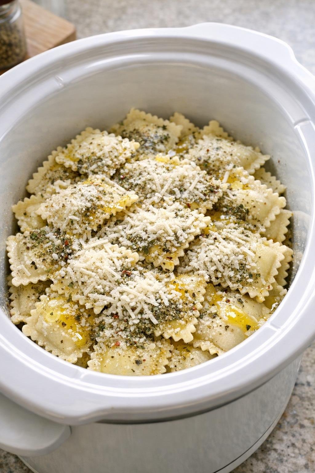 Gesmolten boter en Parmezaanse kaas toegevoegd aan gekruide ravioli.