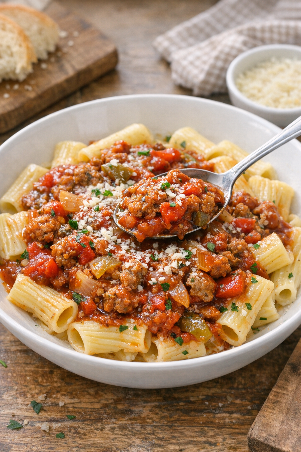 Finished slow cooker Italian sausage dinner in a bowl