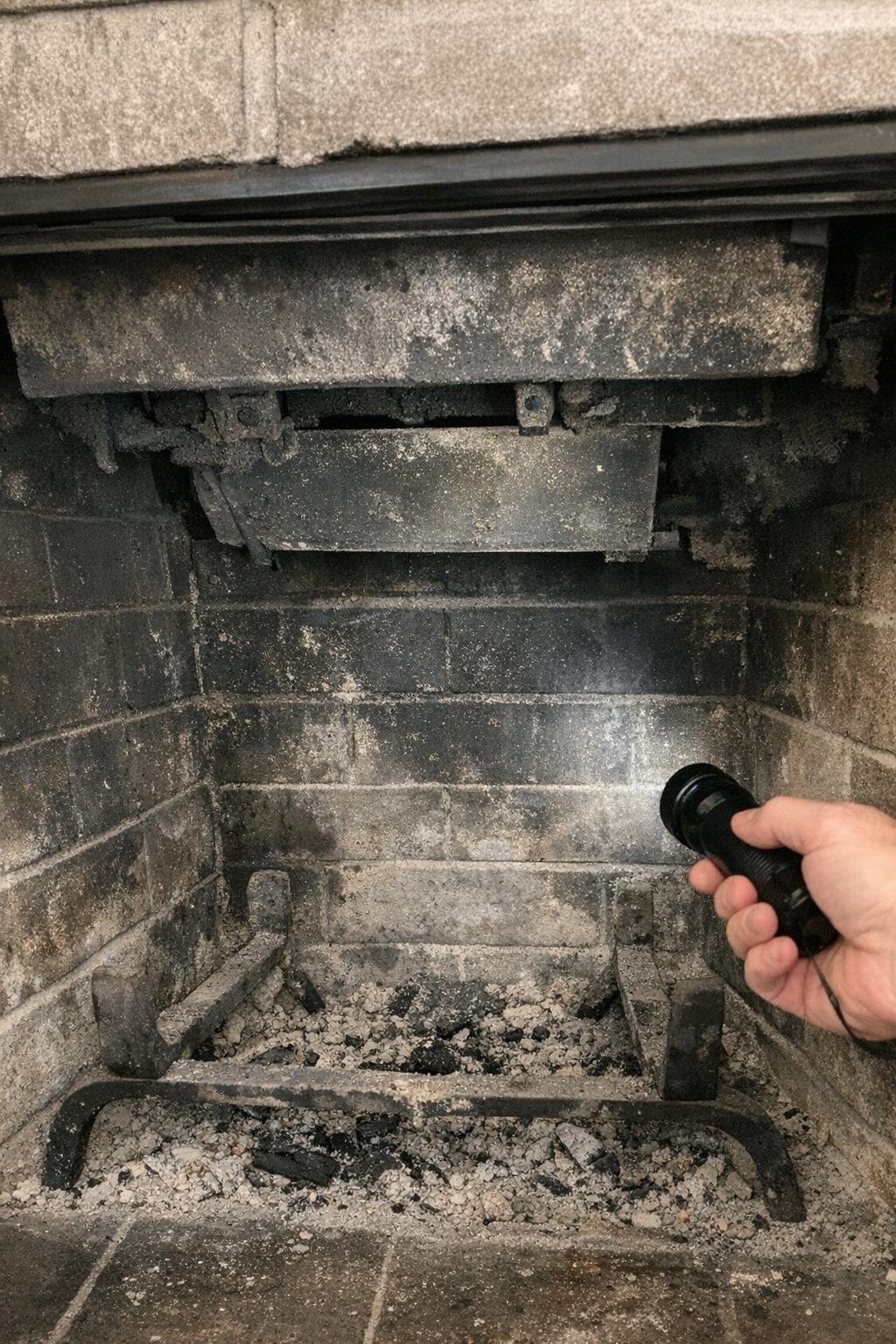 Fireplace firebox and damper being inspected before winter use