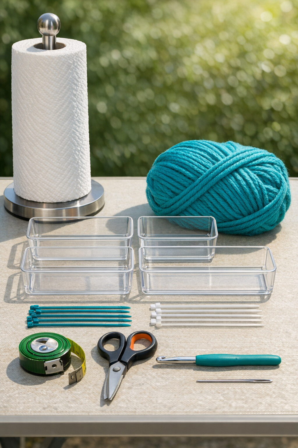 Materials for the crochet sunscreen station laid out together