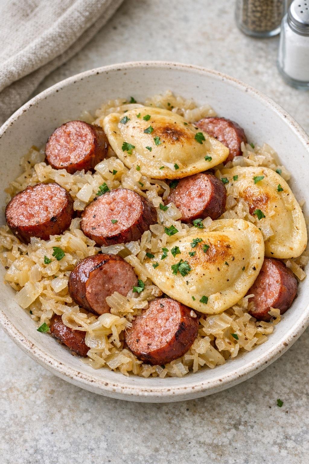 Finished kielbasa, pierogies, and sauerkraut in a rustic serving bowl