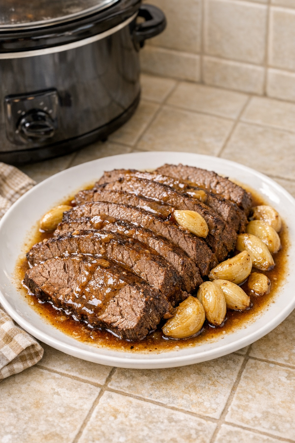 Finished Amish garlic beef plated with cooking juices