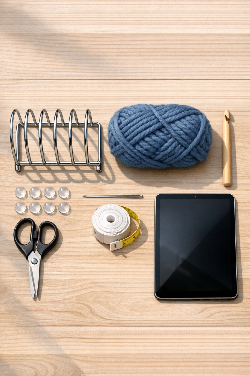 Materials for a crocheted tablet stand made with a metal toast rack and slate blue yarn