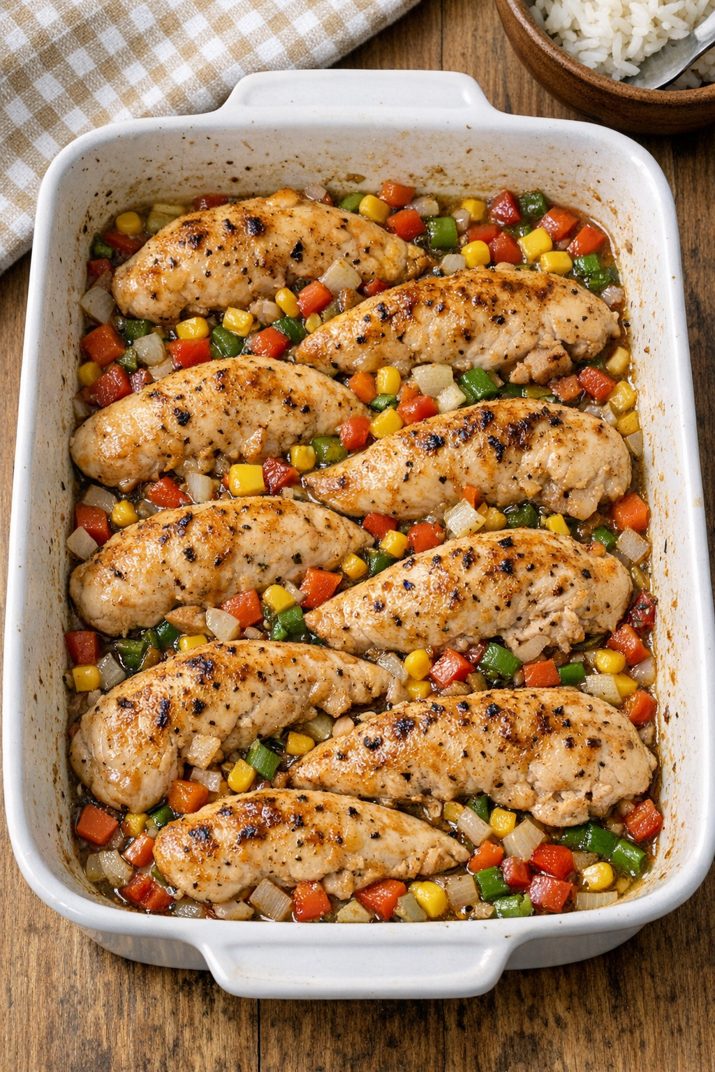 Baked chicken tenderloins in a ceramic baking dish