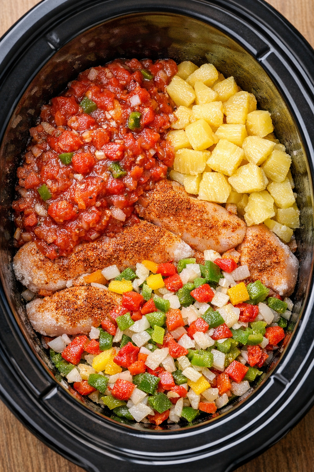 Seasoned chicken topped with salsa pineapple and peppers