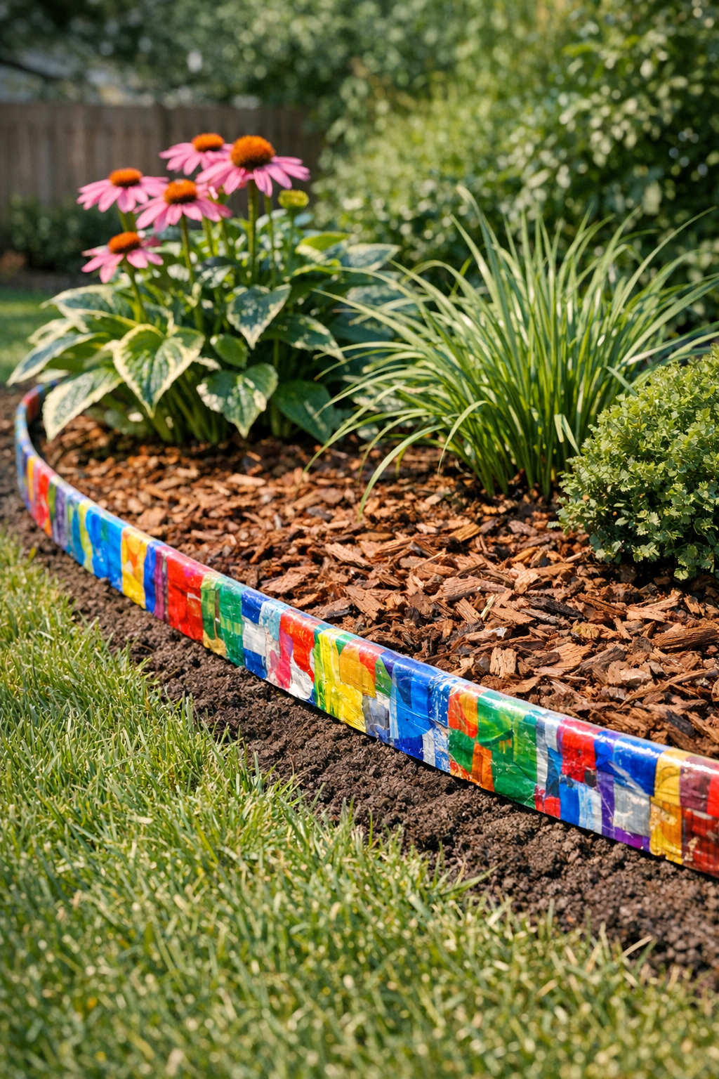 Finished shatterproof garden edging made from ironed plastic dog food bags