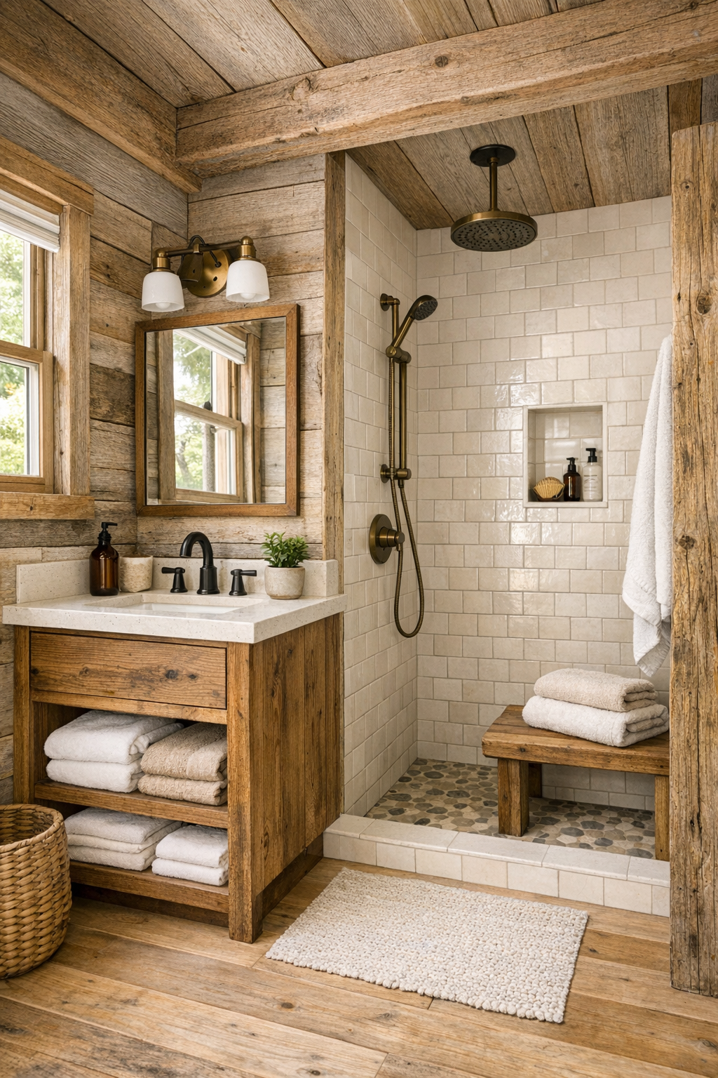 Rustic tiny home bathroom with wood vanity, simple tile shower, and warm neutral finishes