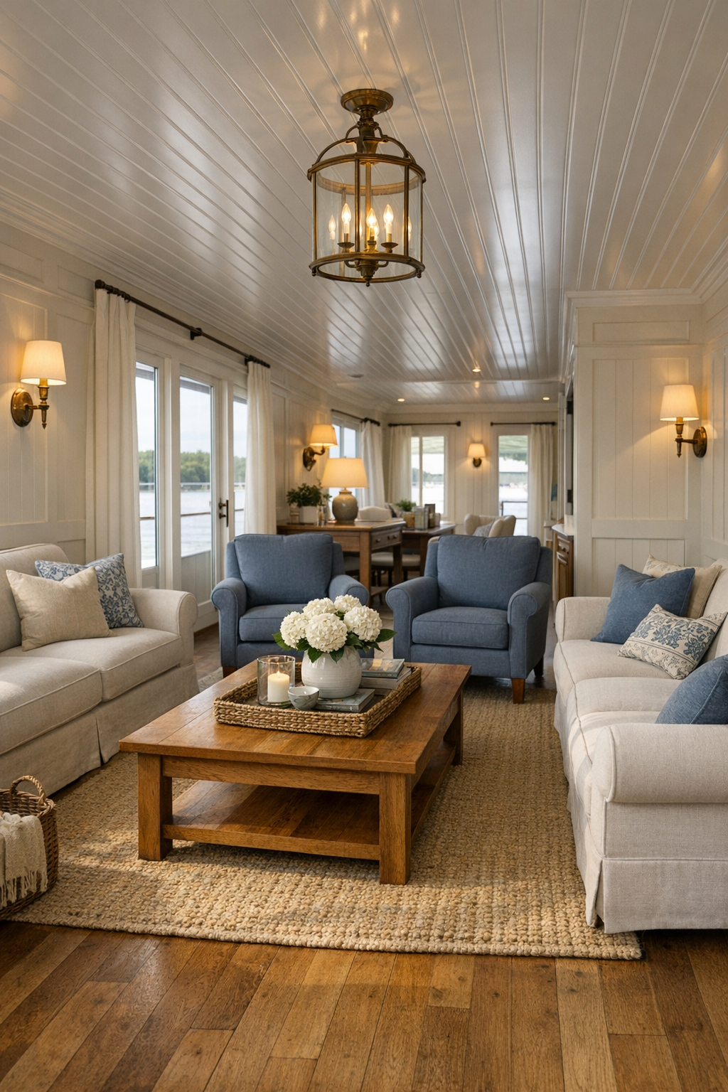 Bright colonial-inspired living room with wide pathways, linen seating, and warm oak accents