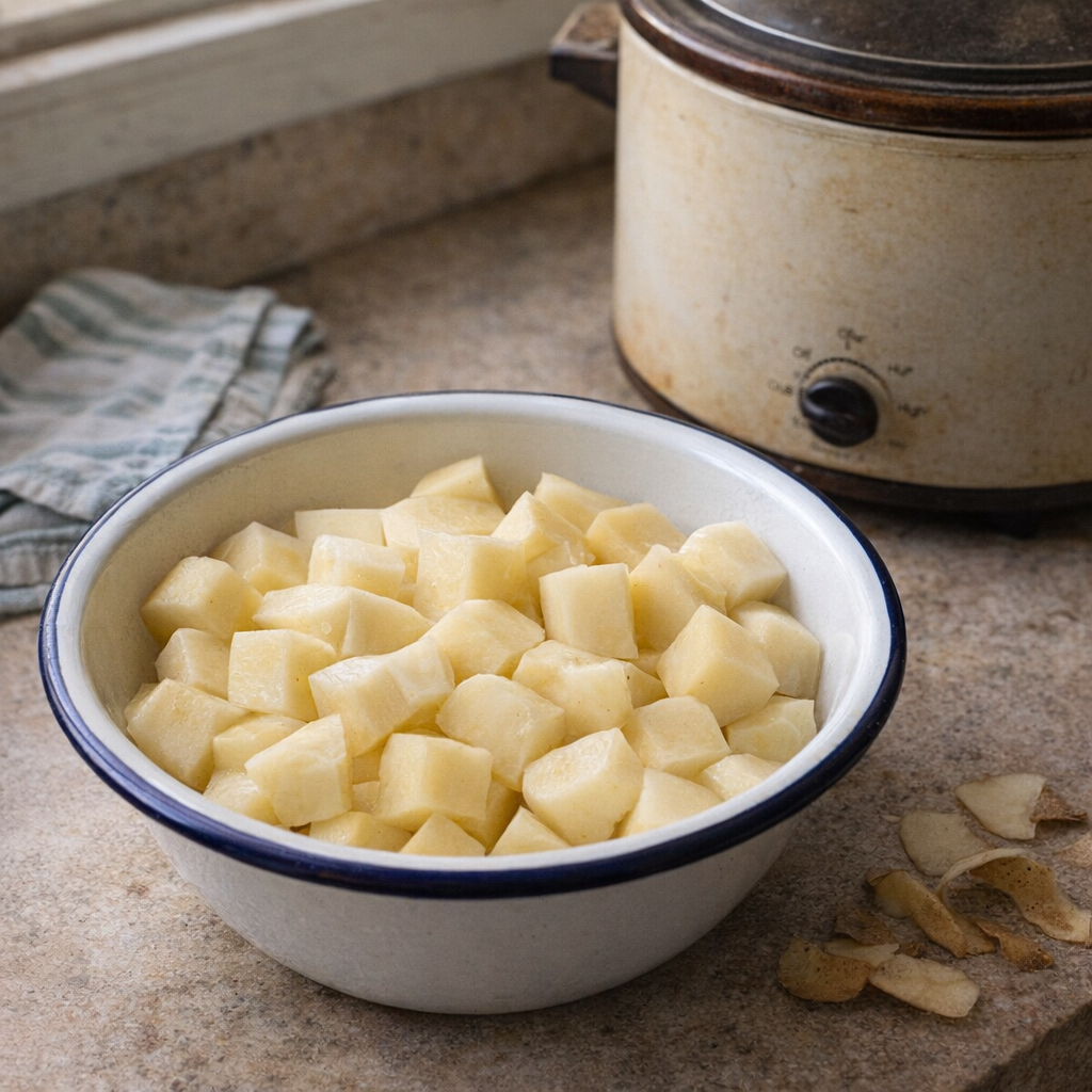Chunked potatoes beside a slow cooker on a farmhouse counter