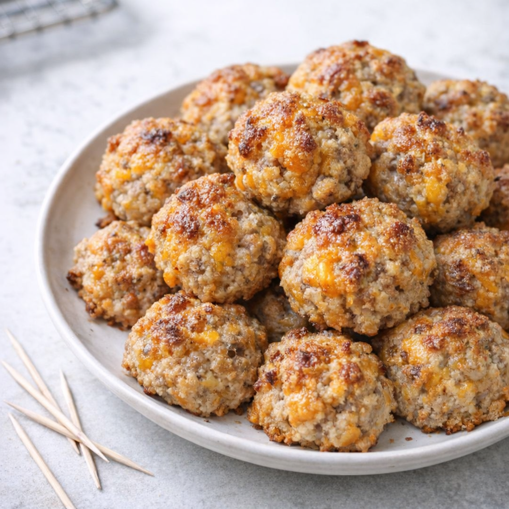 Plate of golden sausage balls on a kitchen counter