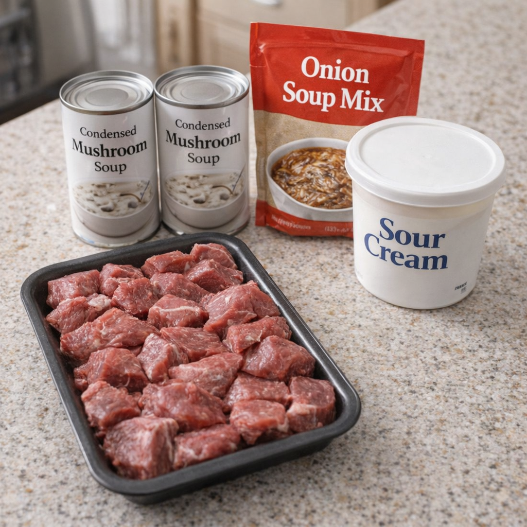 Beef stroganoff ingredients arranged on a kitchen counter