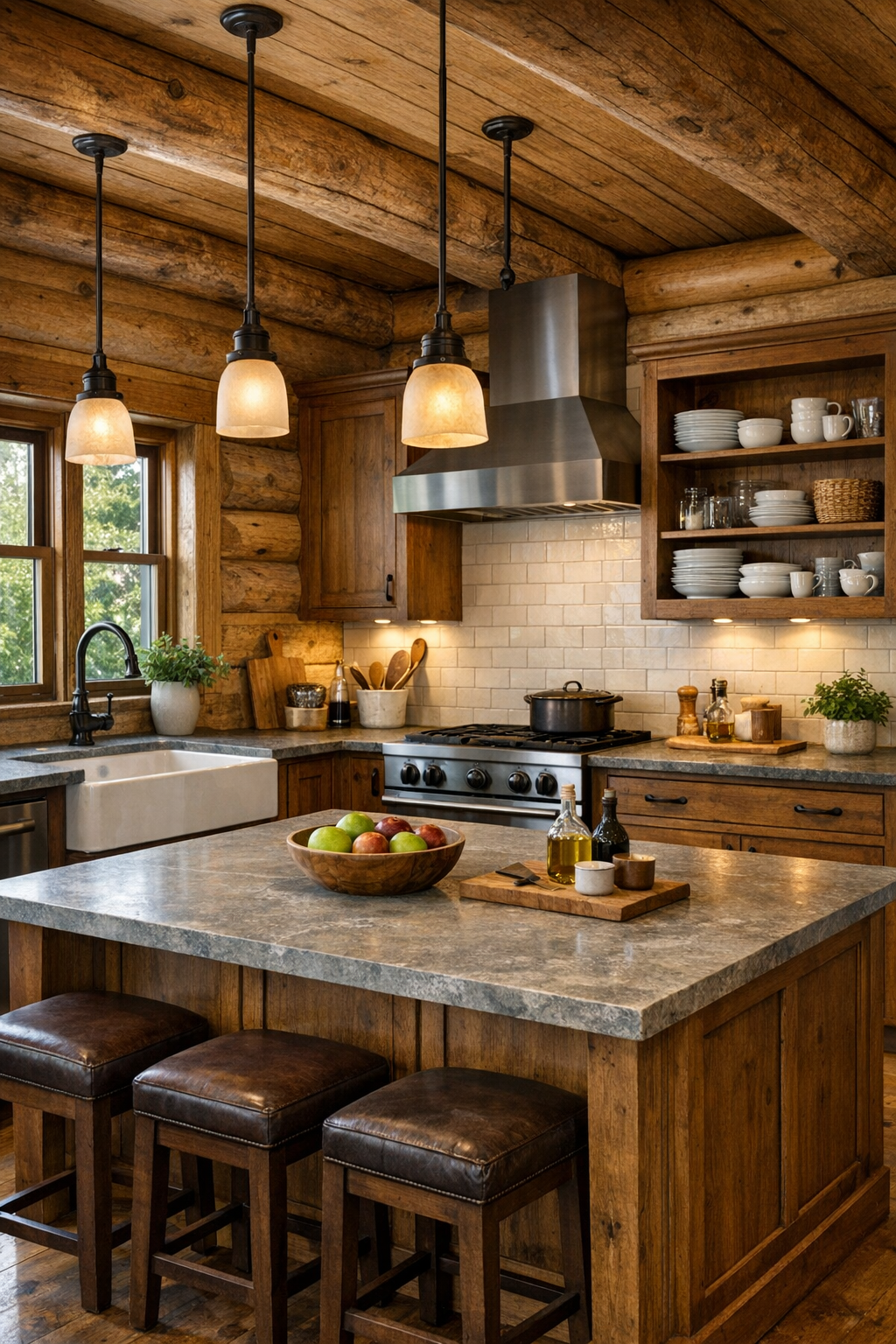 Kitchen with Amish-built wood cabinetry, large island, and stone countertops in a log home
