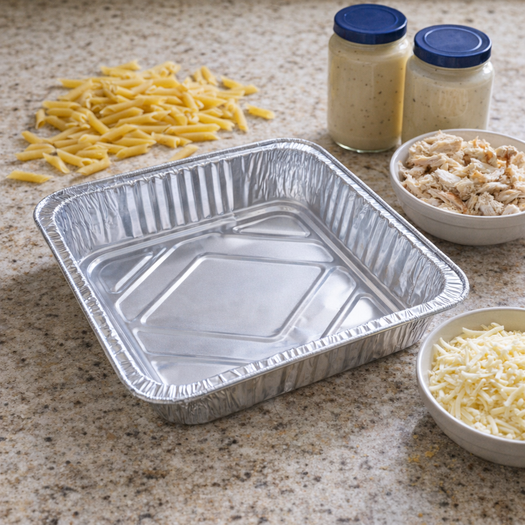 Foil pan of chicken alfredo bake ingredients ready to assemble on a kitchen counter