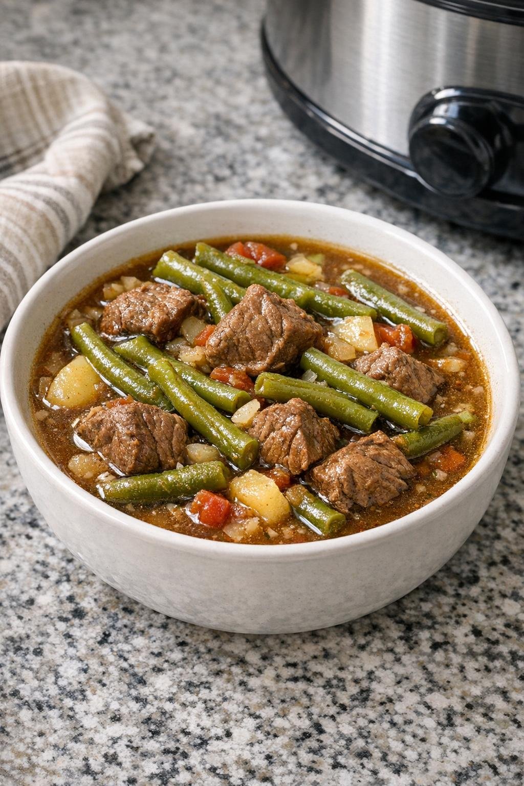 Finished beef and green bean stew in a bowl