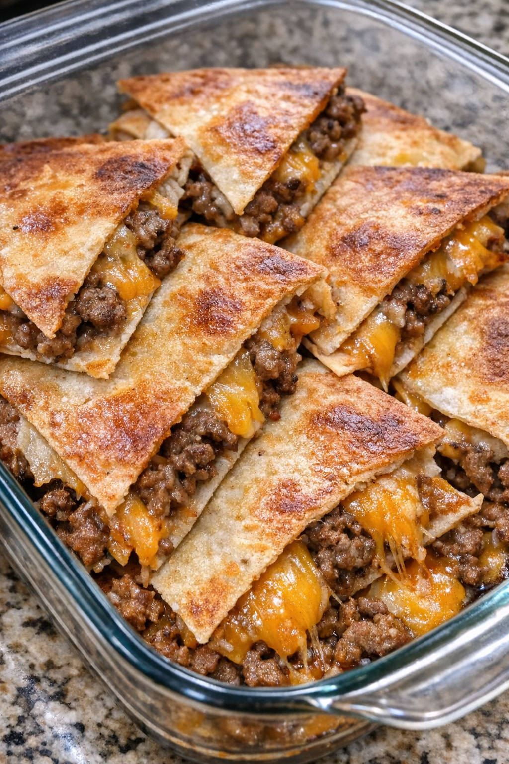 Close up of baked beef quesadilla wedges