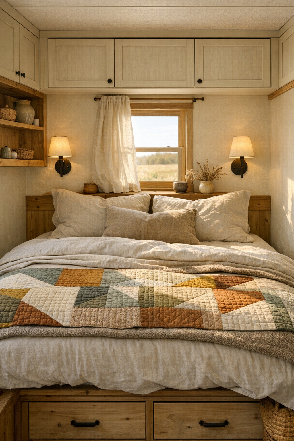 Peaceful tiny home bedroom with cream walls, built-in storage, layered linen bedding, and soft sconces