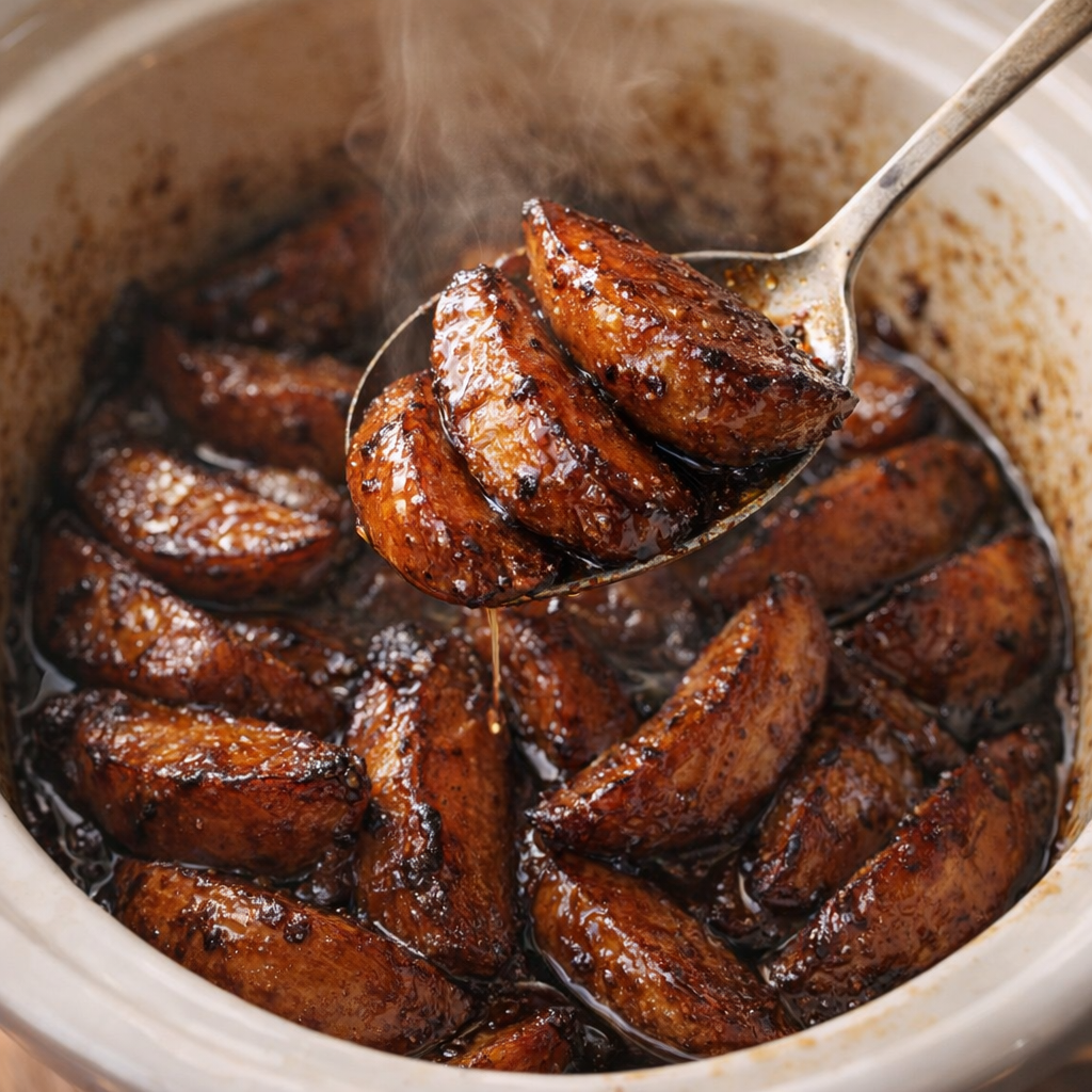 Finished molasses potatoes glistening in the slow cooker