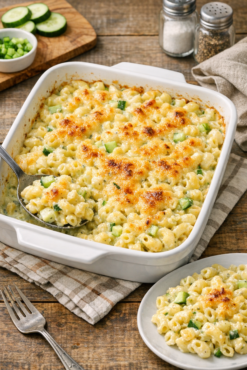 Finished baked cucumber ranch macaroni in a rustic serving dish