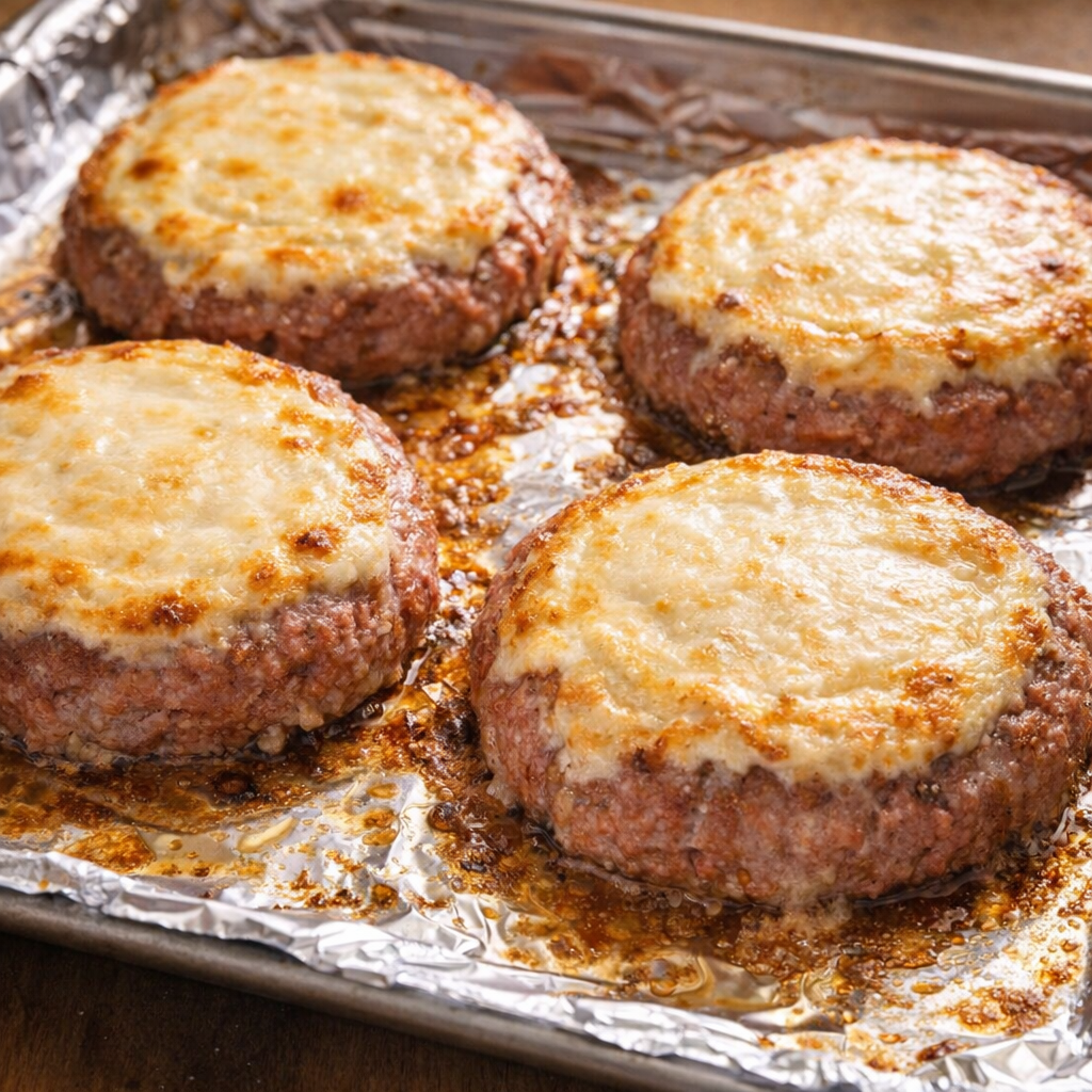 Beef patties halfway baked on a foil-lined pan