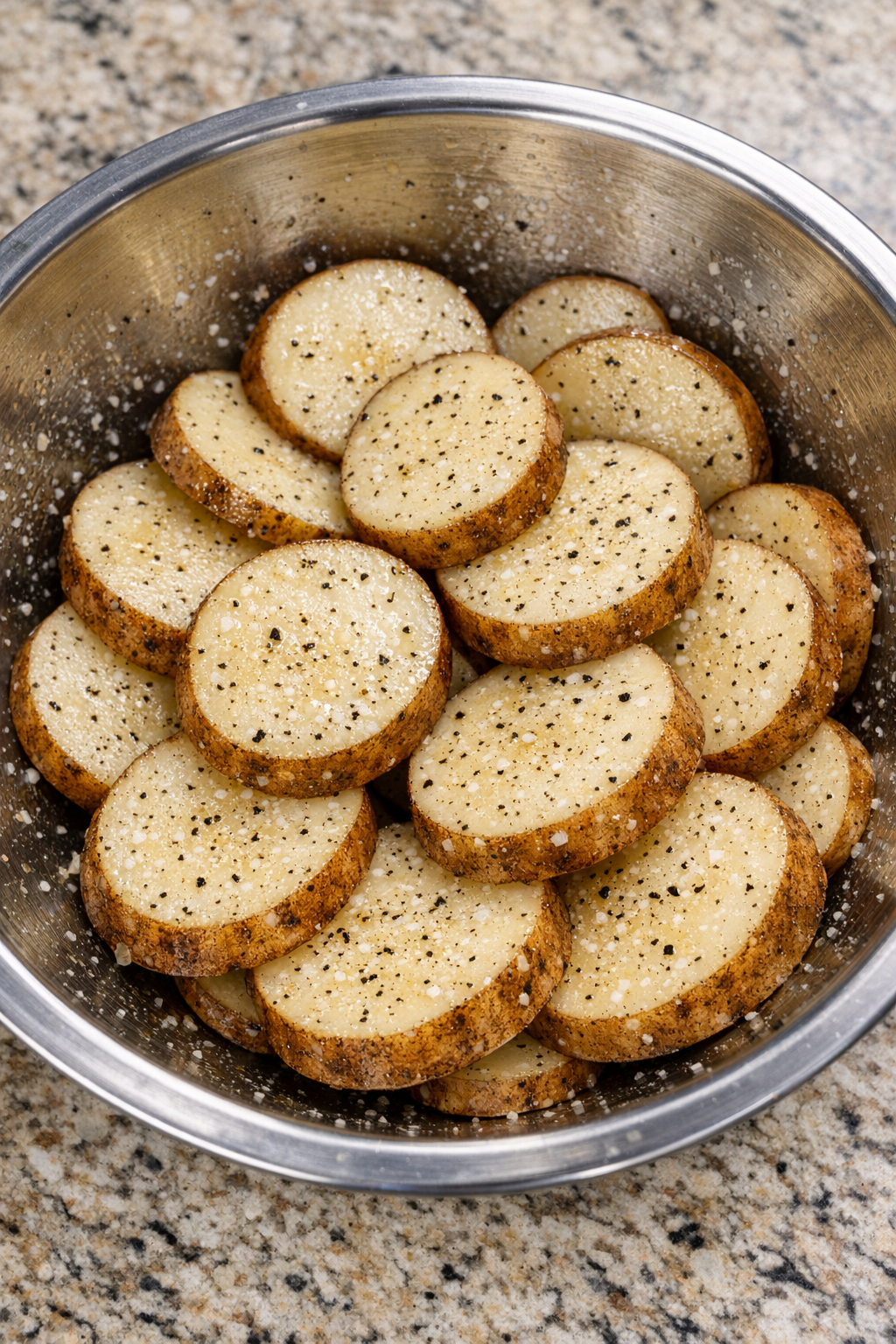Seasoned potato rounds in a mixing bowl
