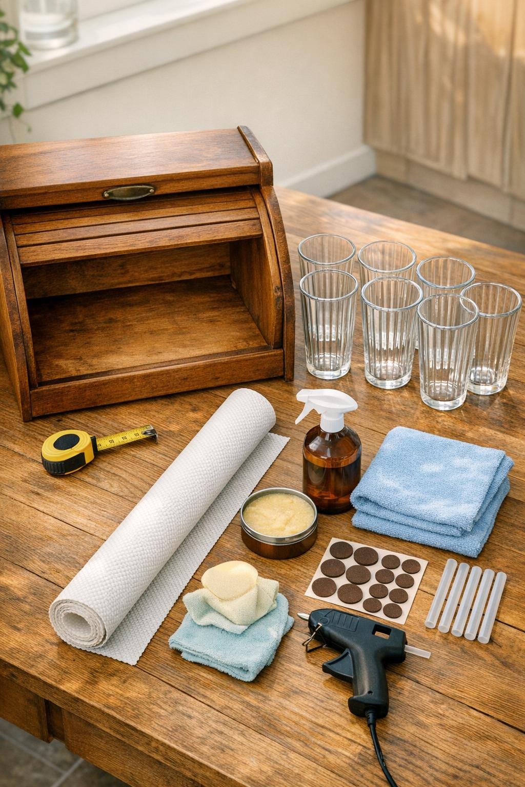 Materials for making a kitchen utensil divider from a bread box and glasses