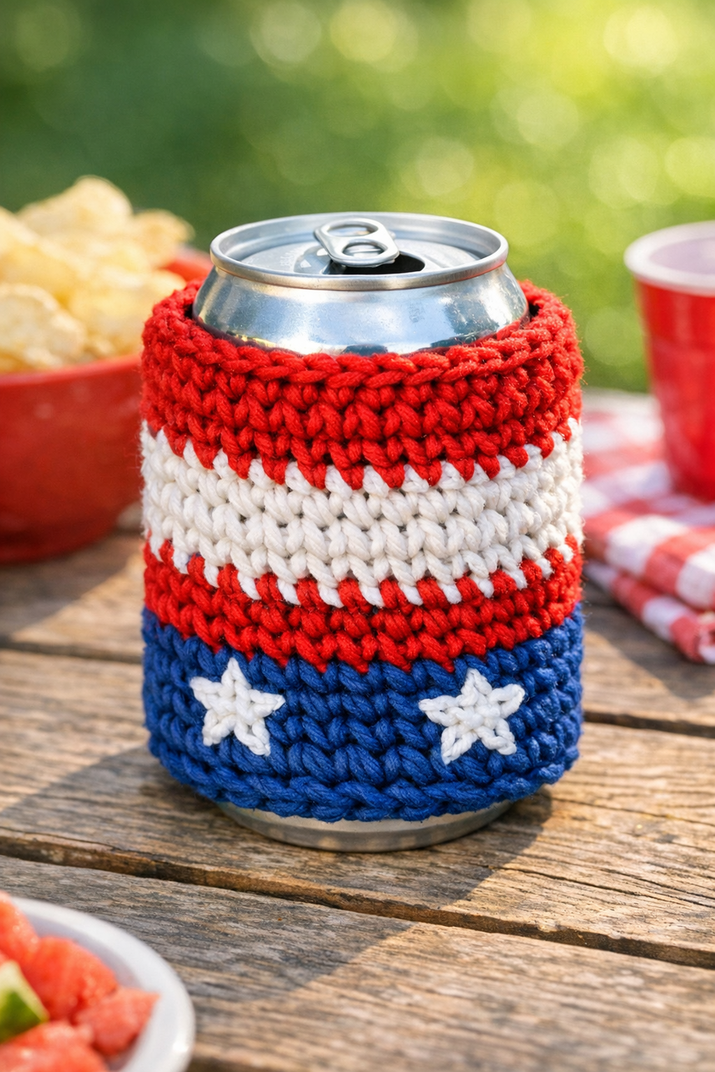 Finished patriotic crochet drink sleeve holder on a beverage can