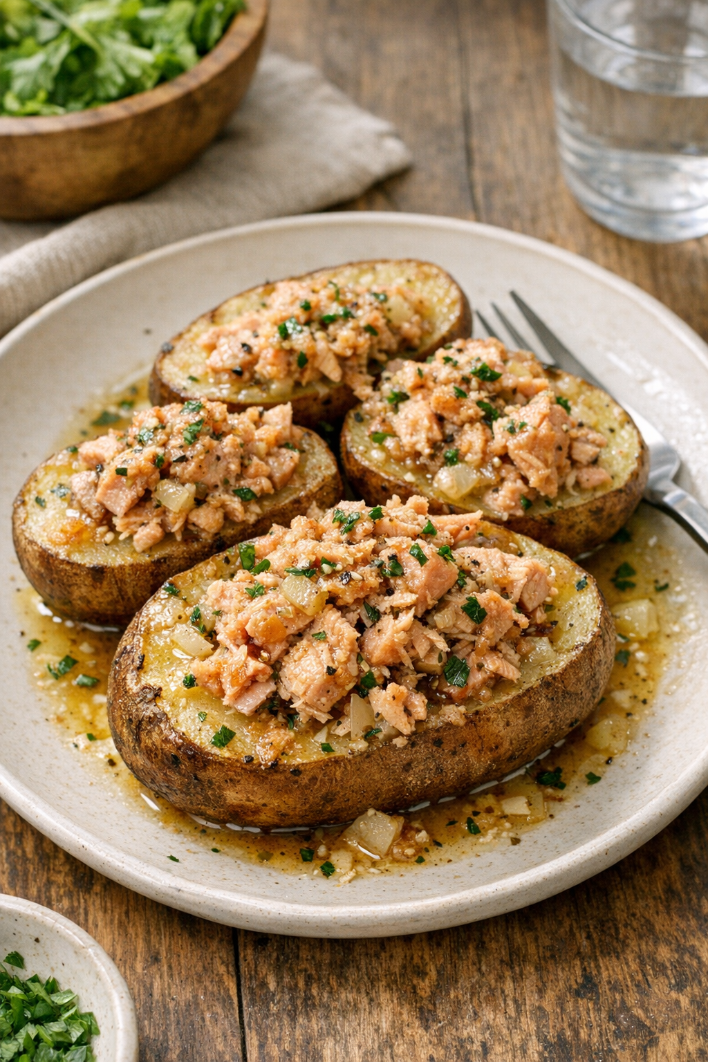 Finished baked salmon and russet potatoes plated for dinner